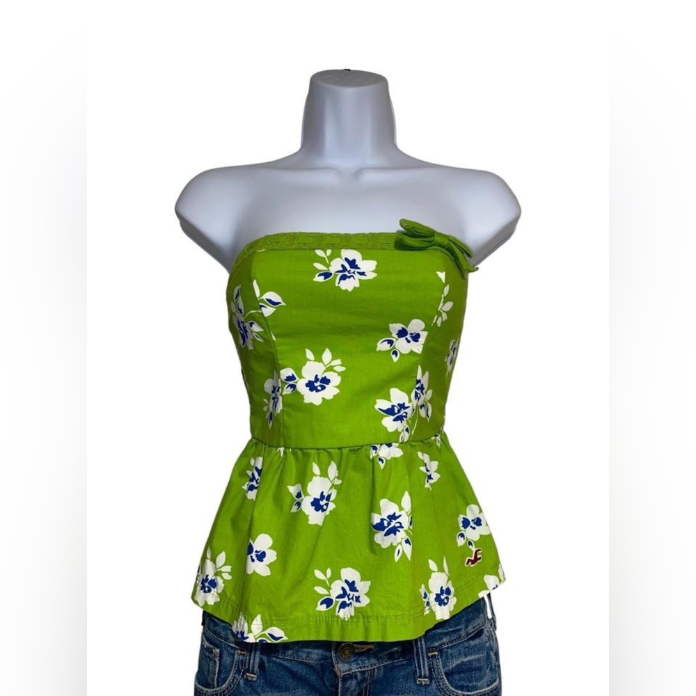 Y2k Hollister green floral strapless peplum top with bow detail